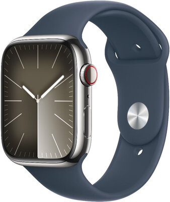 Apple Watch Series 9 GPS + Cellular 45mm Silver Stainless Steel Case / Storm Blue Sport Band - S/M